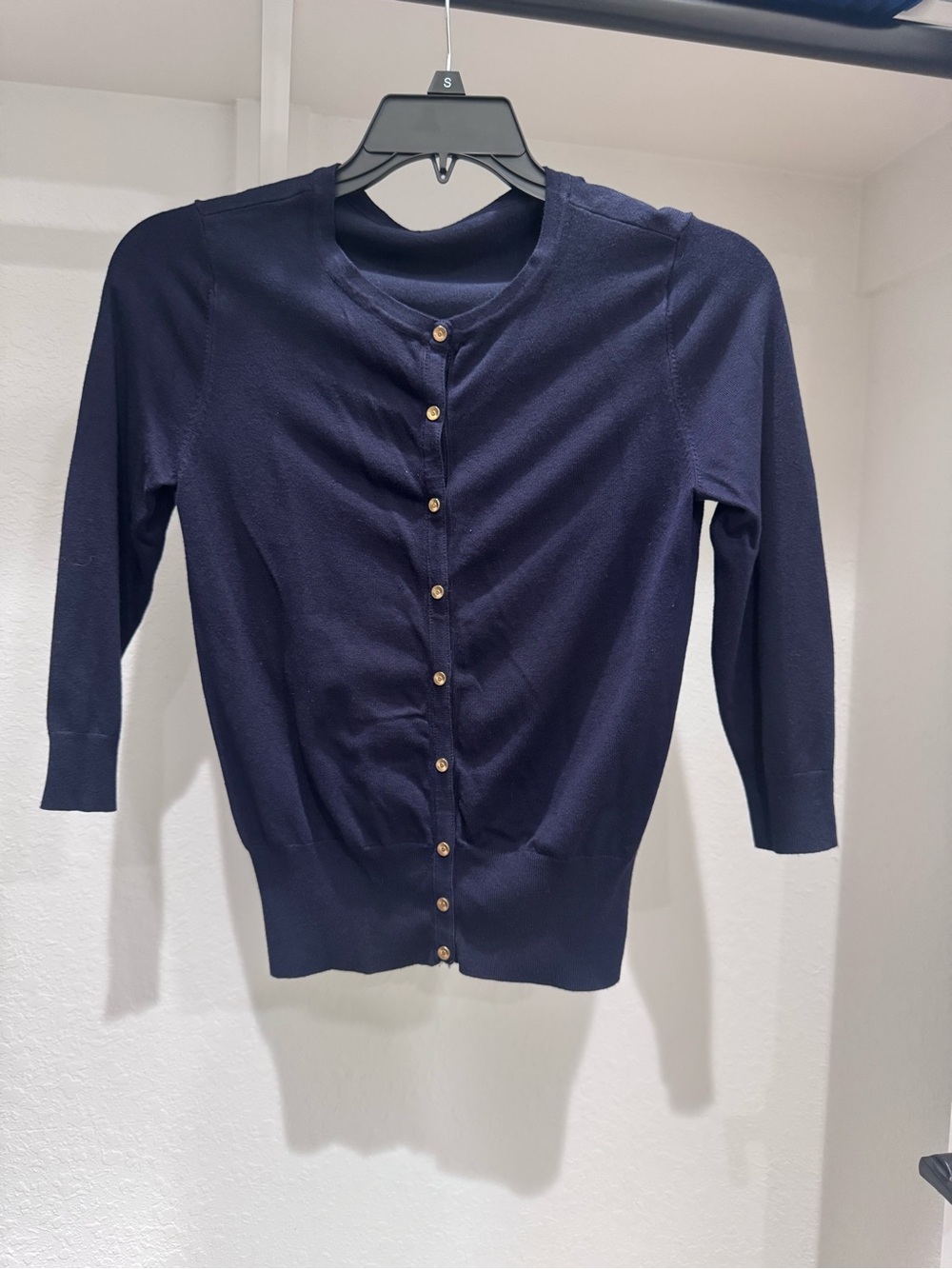 Classic Navy Button-Front 3/4 Sleeve Cardigan